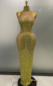 Amanda Sparkly Silver Rhinestone Sheer Mesh Long Evening Dress