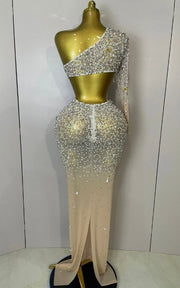 Anita One Shoulder Hollow Out Crystal Bodycon Long Evening Dress