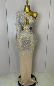 Anita One Shoulder Hollow Out Crystal Bodycon Long Evening Dress