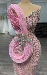 Blush Radiance Crystal Mermaid Gown With Sculptural Pink Drape And Floral Jewel Accents