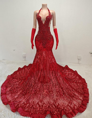 Carol Sparkly Sequin Halter Pink Mermaid Long Prom Dress - Ready to Ship