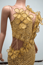 Envious Designs gorgeous gold sequin embellished 3D flower prom dress for prom and formal evening styling