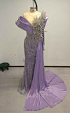 Lavender Crystal-Encrusted Mermaid Gown With Architectural Satin Drape And Silver Leaf Embroidery