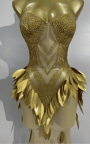 Khloe Gold Diamond Leaf Strapless Sheer Mesh Bodycon Long Dress