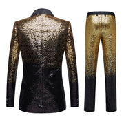 Men’s glitter ombre sequin blazer and pants set displayed for party or stage wear
