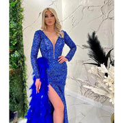 2023 Luxury Blue Mermaid Prom  Dresses Beading Sequined Feathers Deep V Neck Long Sleeve Sweep Train   Prom Gowns