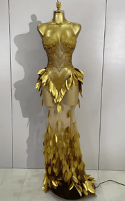 Khloe Gold Diamond Leaf Strapless Sheer Mesh Bodycon Long Dress