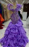 Purple Petal Prom Gown With Architectural Tulle Swirl And 3D Floral Shoulder Accents