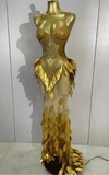 Khloe Gold Diamond Leaf Strapless Sheer Mesh Bodycon Long Dress