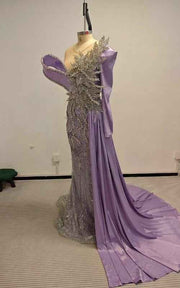 Lavender Crystal-Encrusted Mermaid Gown With Architectural Satin Drape And Silver Leaf Embroidery