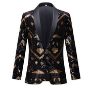 Men’s black and gold sequin suit jacket with matching pants for party or stage wear
