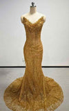Shimmering Champagne Gold Trumpet Prom Gown with Lace Detail