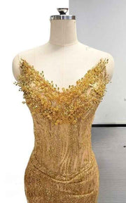 Shimmering Champagne Gold Trumpet Prom Gown with Lace Detail