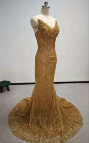Shimmering Champagne Gold Trumpet Prom Gown with Lace Detail