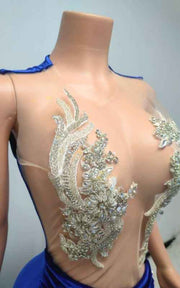 Blue Sheer Bodice Crystal-Embellished Velvet Prom Dress