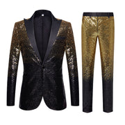 Men’s glitter ombre sequin blazer and pants set displayed for party or stage wear
