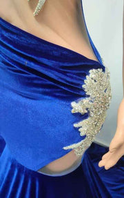 Blue Sheer Bodice Crystal-Embellished Velvet Prom Dress