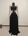 Black beaded halter cutout waist prom dress with sequin floral center panel