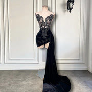 Black Velvet Beaded Embroidery Prom Dress