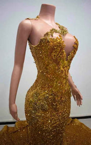 Golden Lattice Prom Gown With Beaded Fringe Sleeves And 3D Floral Corset Bodice