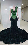 Emerald Peak Mermaid Prom Gown with Glittering Basqued Bodice and Sequin Flare