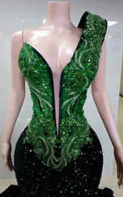 Emerald Peak Mermaid Prom Gown with Glittering Basqued Bodice and Sequin Flare