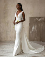Elegant V Neck Mermaid Satin Wedding Dresses With Big Bow Backless