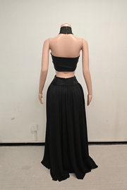 Black beaded halter cutout waist prom dress with sequin floral center panel