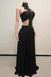 Black beaded halter cutout waist prom dress with sequin floral center panel
