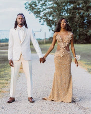 Exquisite gold sequined prom dress for women, elegant evening gown.