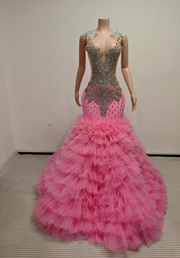 Ava adorable tulle ruched train rhinestones prom dress for women formal night