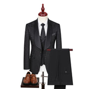 Luxury men’s woven pattern 3-piece formal suit with blazer, vest, and trousers for weddings or events