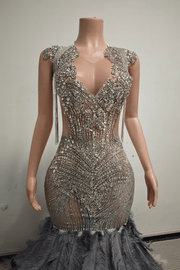 Envious Designs luxury silver long cocktail prom dress with rhinestone beaded tassel feather detailing
