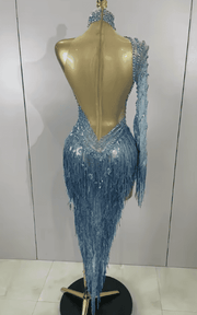 Jamie Blue Rhinestone Tassel One Shoulder Sheer Mesh Dress