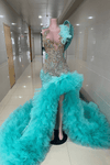 Envious Designs turquoise crystal beaded one shoulder feather ruffle tulle prom dress for prom and formal evening styling