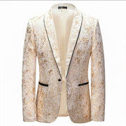 Men’s luxury cream and gold metallic slim fit dinner jacket with matching pants for formal or wedding wear