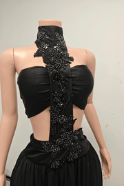 Black beaded halter cutout waist prom dress with sequin floral center panel