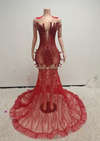 Carmen Red Sparkly Mermaid Sheer Prom Dress-Ready to Ship