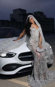 Glitter silver beaded mermaid prom dress elegant evening gown.