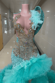 Envious Designs turquoise crystal beaded one shoulder feather ruffle tulle prom dress for prom and formal evening styling
