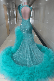Envious Designs turquoise crystal beaded one shoulder feather ruffle tulle prom dress for prom and formal evening styling