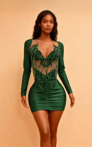 Luxury cocktail mini dress with beaded fringe top and satin ruched bottom