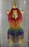 Envious Designs Sarah rainbow sequin tassel off-the-shoulder keyhole bodycon mini dress for birthday and festival styling