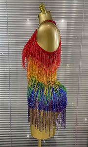 Envious Designs Sarah rainbow sequin tassel off-the-shoulder keyhole bodycon mini dress for birthday and festival styling