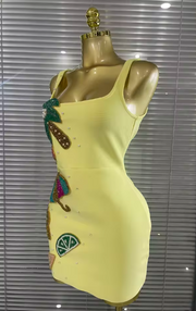 Envious Designs Amisha sexy sleeveless shining rhinestone fruit bodycon mini bandage dress for birthday and pool party styling