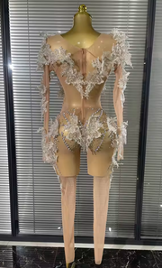 Envious Designs Olivia 3D flower mesh see-through sheer bodycon jumpsuit for birthday and evening party styling