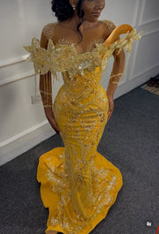 Yellow Beaded Mermaid  Long Prom Dress 2025