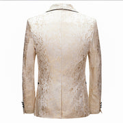 Men’s luxury cream and gold metallic slim fit dinner jacket with matching pants for formal or wedding wear