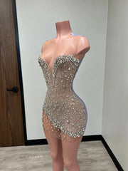 Sexy Diamonds Short Prom Dress Sheer Mesh Glitter Crystals Rhinestone Bead Graduation Birthday Party Coctail Gown Vestido