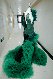 Envious Designs turquoise crystal beaded one shoulder feather ruffle tulle prom dress for prom and formal evening styling